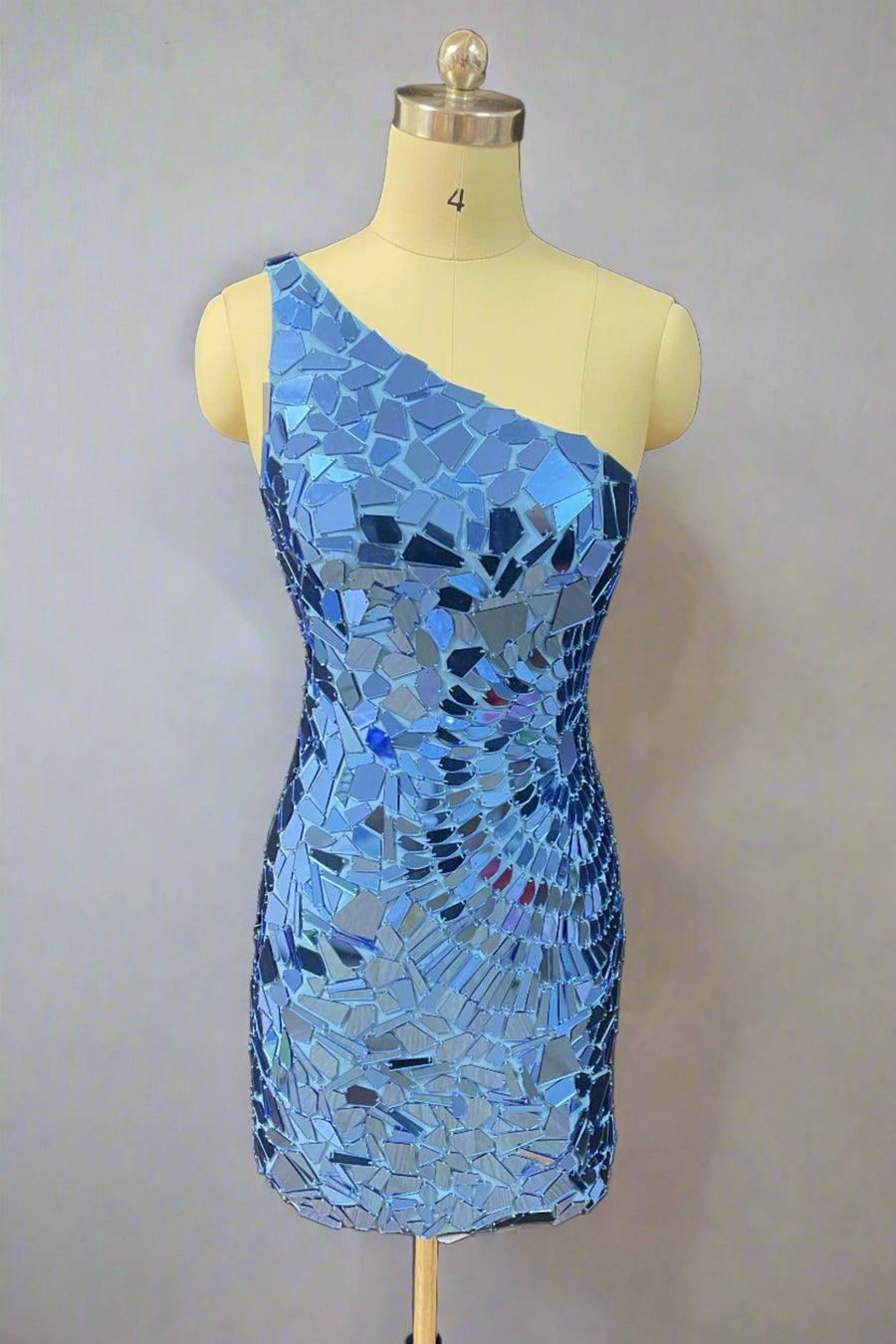 Blue Cut Glass Mirror One-Shoulder Tight Short Homecoming Dresses