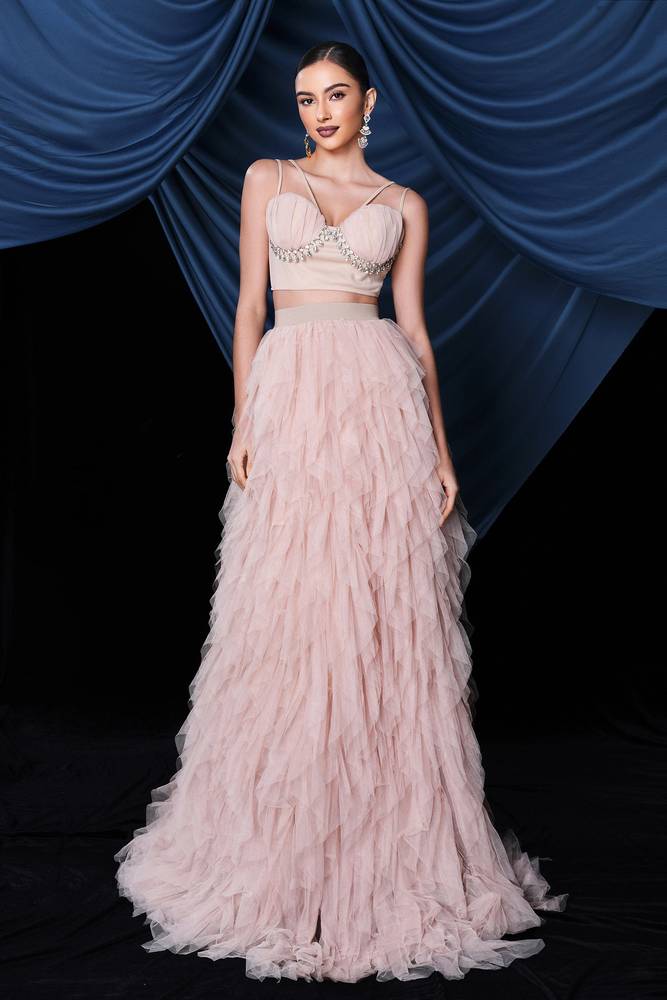 Pink Two-Piece A-Line Tulle Evening Dresses with Ruffles