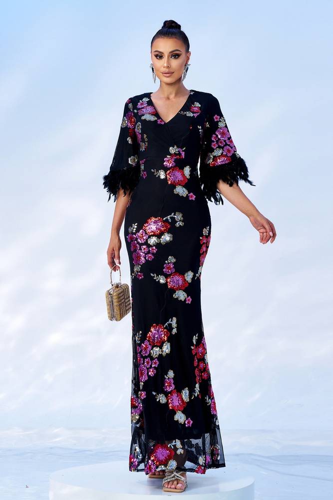 Black Half Sleeves V-Neck Evening Dresses