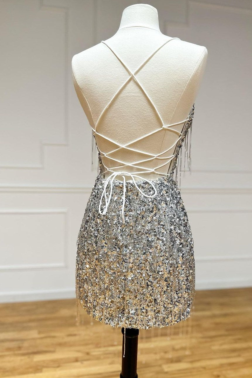 Silver Spaghetti Straps Short Homecoming Dresses with Tassel