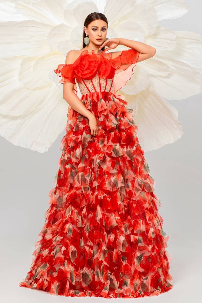 Red Off-The-Shoulder A-Line Tulle Floral Evening Dresses