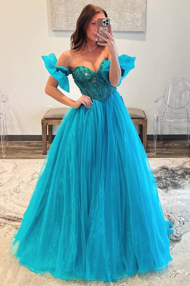 Pool Floor-Length Strapless Ball Gown Organza Party Dresses with Beads