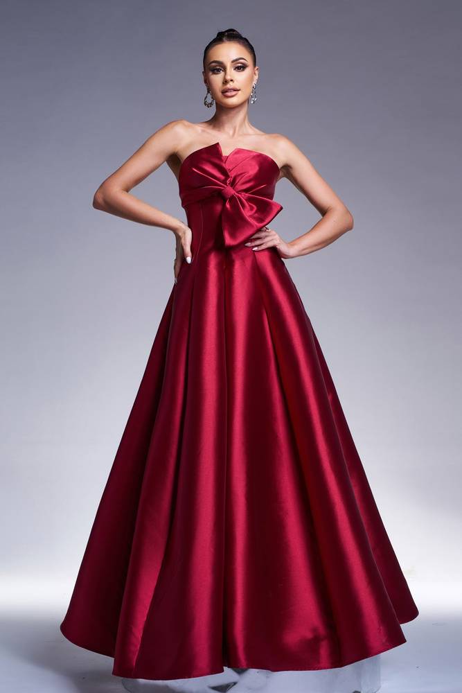 Red Strapless A-Line Satin Evening Dresses with Bow