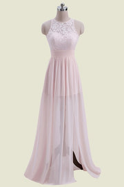 Blushing Pink Sleeveless Crew Neck Lace A-Line Chiffon Long Bridesmaid Dresses with Slit