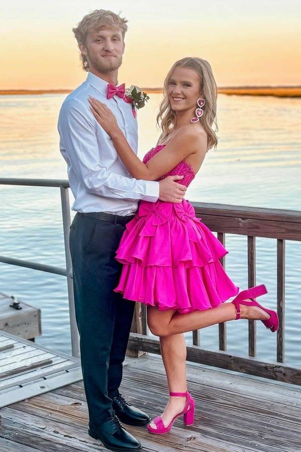 Fuchsia Strapless Tiered Satin Homecoming Dresses with Bow