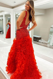 Red Sequined Mermaid Prom Dresses Deep V-Neck Sleeveless Tulle Split Front