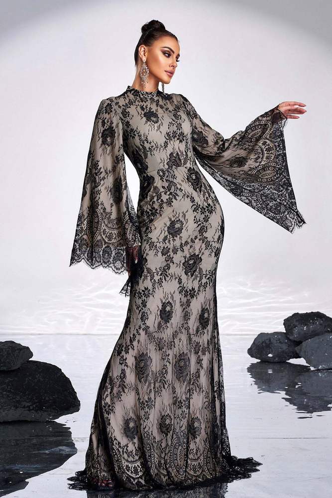 High Neck Long Sleeves Mermaid Lace Evening Dresses