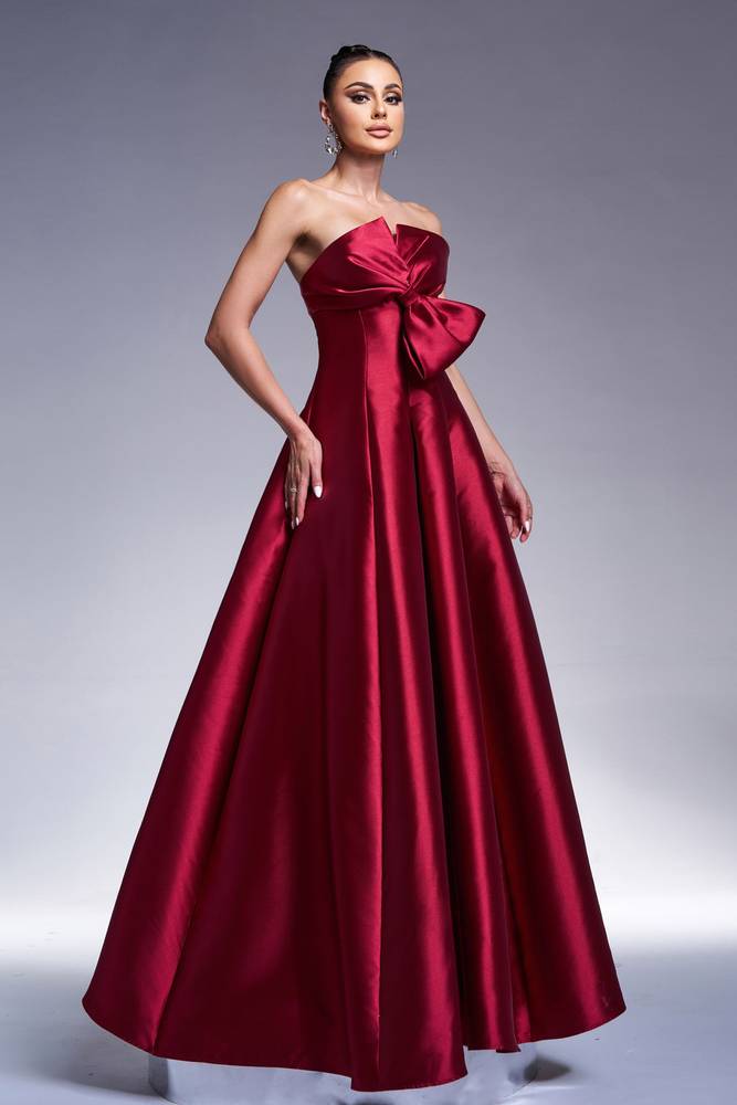 Red Strapless A-Line Satin Evening Dresses with Bow