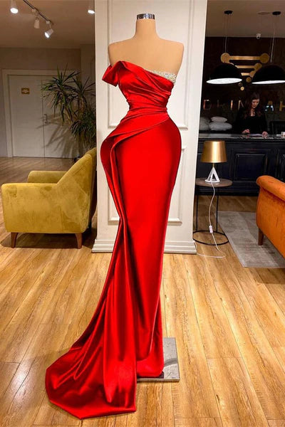 Red Long Mermaid Strapless Satin Prom Dresses with Beads