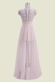 Blushing Pink Sleeveless Crew Neck Lace A-Line Chiffon Long Bridesmaid Dresses with Slit