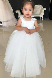 White Floor-Length Sleeveless Ball Gown Tulle Flower Girl Dresses with Bow