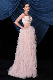 Pink Two-Piece A-Line Tulle Evening Dresses with Ruffles