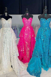 Ocean Blue Strapless A-Line Lace Tulle Prom Dresses with Slit