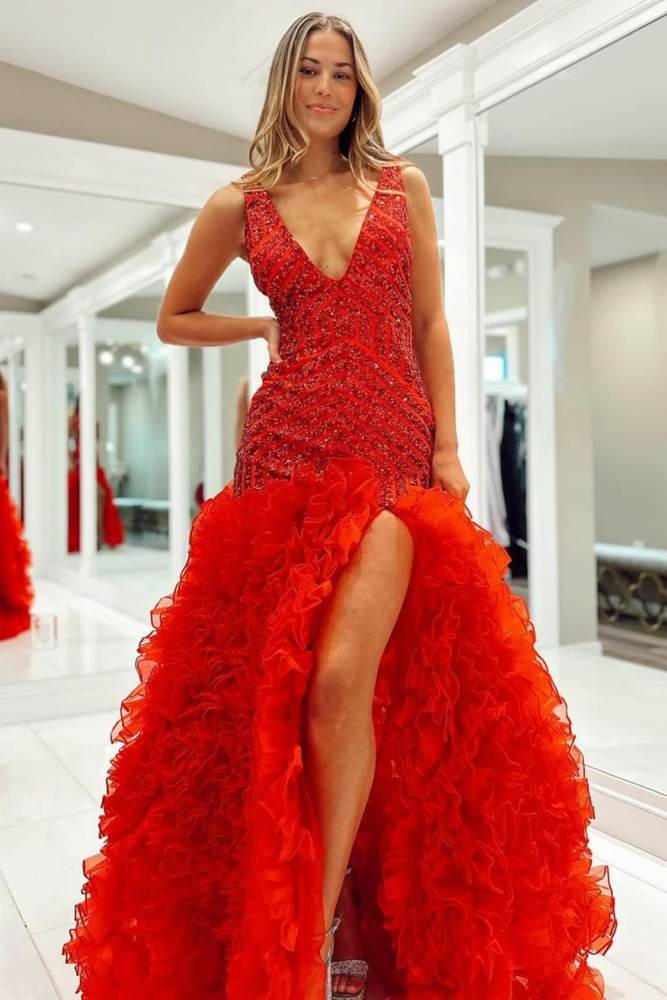 Red Sequined Mermaid Prom Dresses Deep V-Neck Sleeveless Tulle Split Front