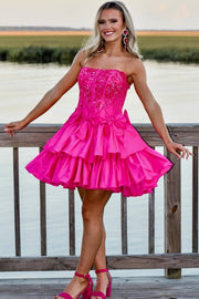 Fuchsia Strapless Tiered Satin Homecoming Dresses with Bow