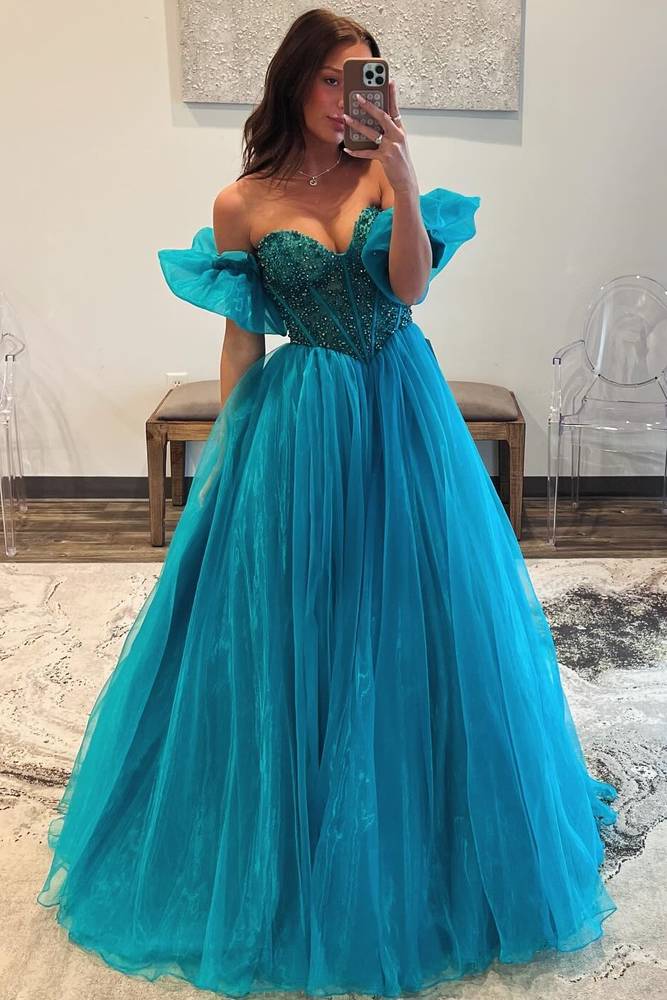 Pool Floor-Length Strapless Ball Gown Organza Party Dresses with Beads