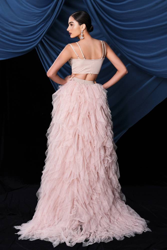 Pink Two-Piece A-Line Tulle Evening Dresses with Ruffles