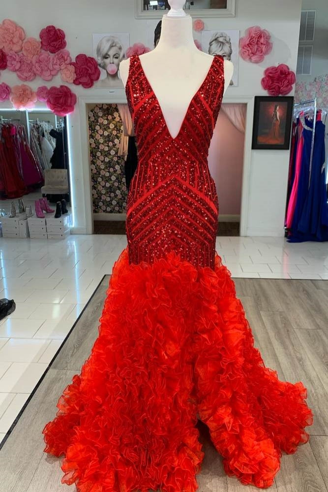 Red Sequined Mermaid Prom Dresses Deep V-Neck Sleeveless Tulle Split Front