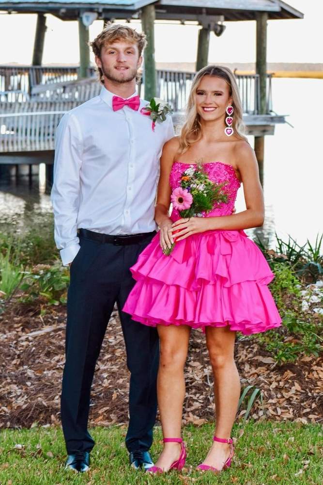 Fuchsia Strapless Tiered Satin Homecoming Dresses with Bow