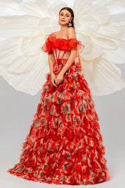 Red Off-The-Shoulder A-Line Tulle Floral Evening Dresses