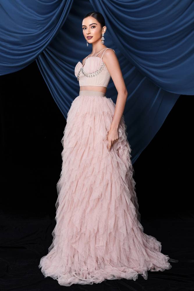 Pink Two-Piece A-Line Tulle Evening Dresses with Ruffles