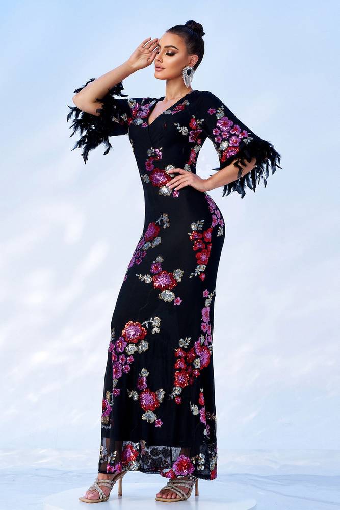 Black Half Sleeves V-Neck Evening Dresses