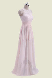 Blushing Pink Sleeveless Crew Neck Lace A-Line Chiffon Long Bridesmaid Dresses with Slit