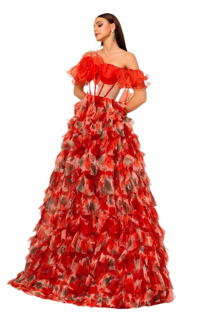 Red Off-The-Shoulder A-Line Tulle Floral Evening Dresses