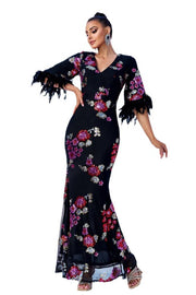 Black Half Sleeves V-Neck Evening Dresses