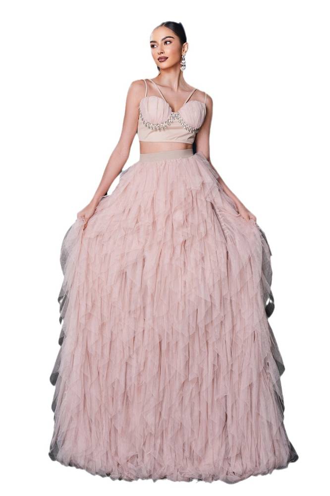 Pink Two-Piece A-Line Tulle Evening Dresses with Ruffles