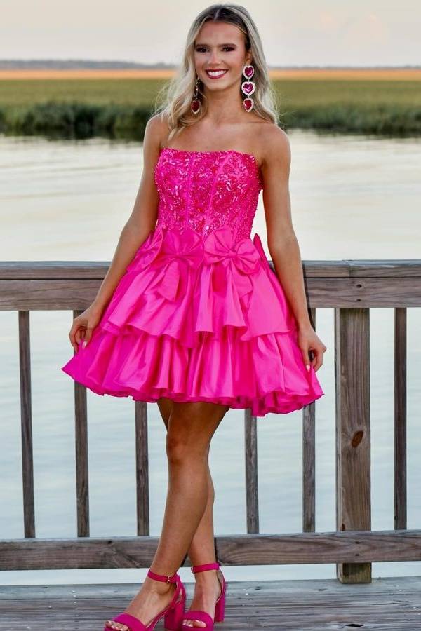 Fuchsia Strapless Tiered Satin Homecoming Dresses with Bow