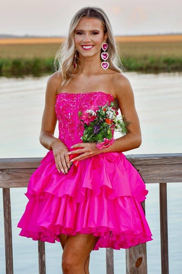 Fuchsia Strapless Tiered Satin Homecoming Dresses with Bow