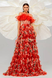 Red Off-The-Shoulder A-Line Tulle Floral Evening Dresses