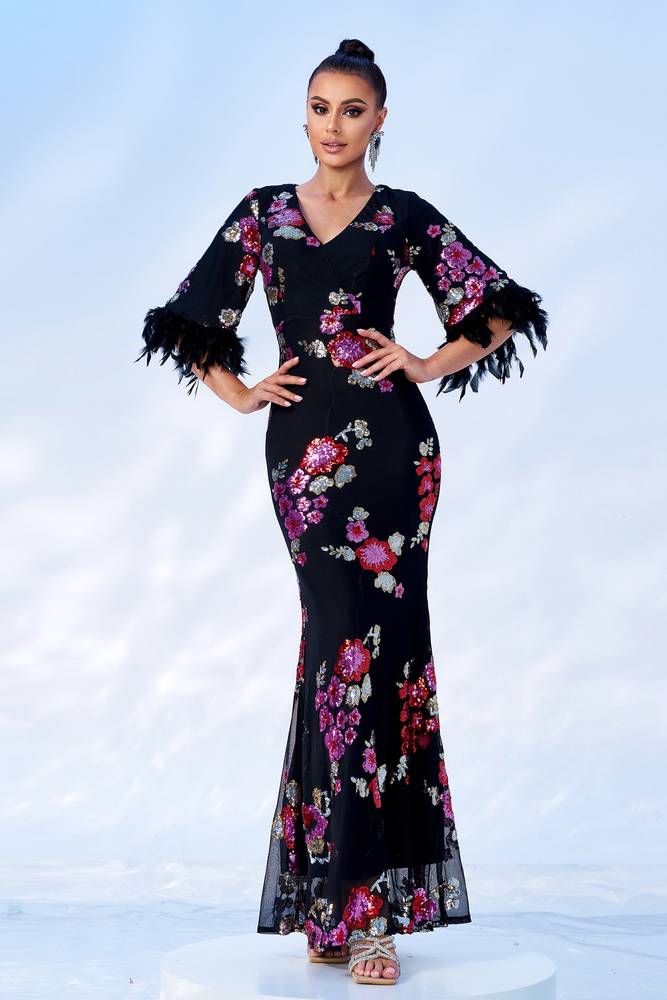 Black Half Sleeves V-Neck Evening Dresses