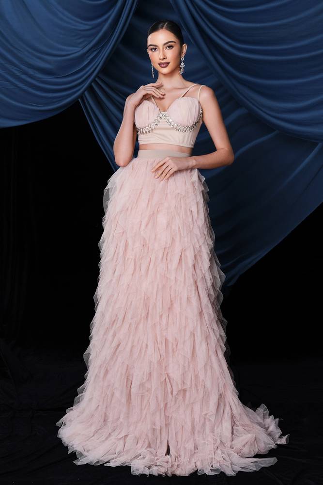 Pink Two-Piece A-Line Tulle Evening Dresses with Ruffles