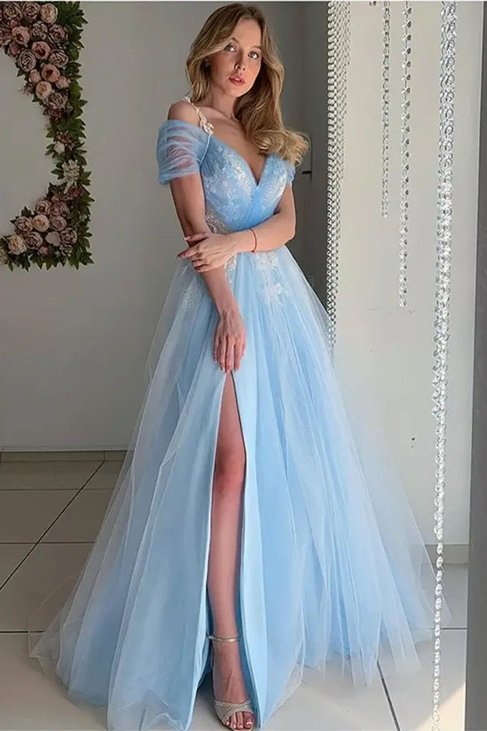 Blue Off-The-Shoulder Tulle A-Line Party Evening Dresses with Slit