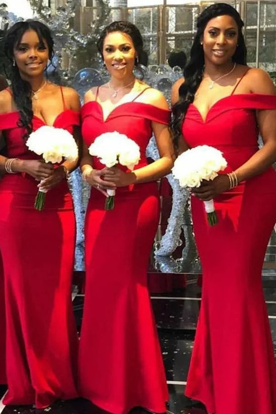 Red Spaghetti Straps Off-The-Shoulder Satin Bridesmaid Dresses