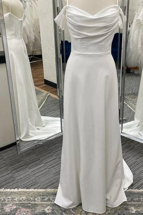 White Sweep Train Cowl Neck Off-The-Shoulder A-Line Satin Long Wedding Dresses