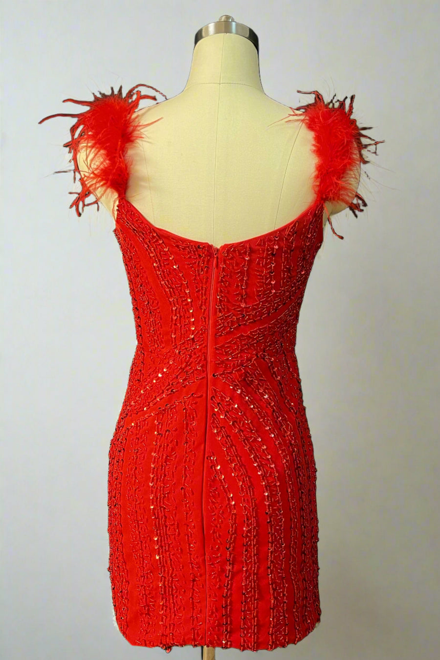 Red V-Neck Sequined Short Split Front Sheath Homecoming Dresses with Fur