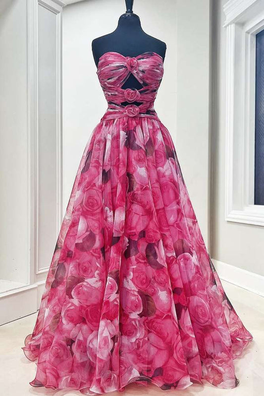 Pink Floral Print Strapless A Line Long Formal Dress Front Side