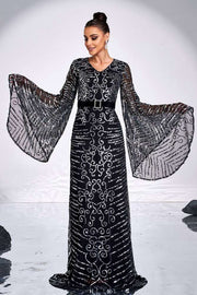 Black Sequined Long Sleeves Column Evening Dresses with Sash