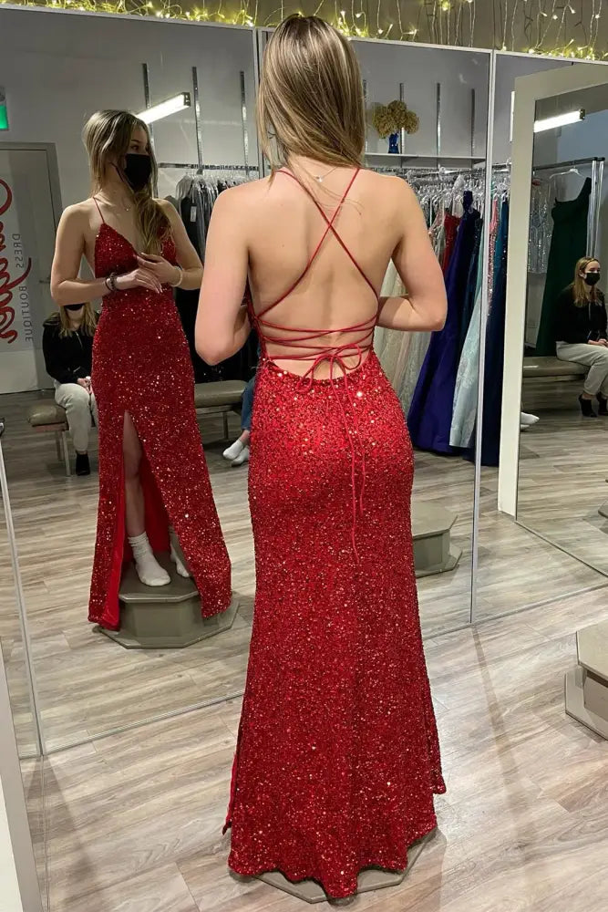 Red Sequined V-Neck Sleeveless Mermaid Prom Dresses with Slit