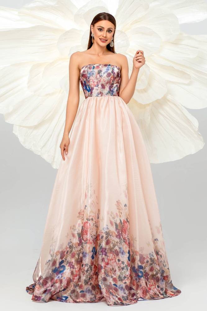 Charming A-Line Strapless Floral Evening Dresses with Sweep Train