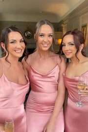 Pink Stunning Cowl Neck Sleeveless Column Satin Bridesmaid Dresses