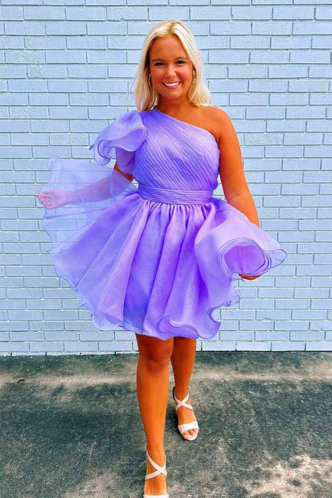 Purple One-Shoulder A-Line Short Tulle Homecoming Dresses