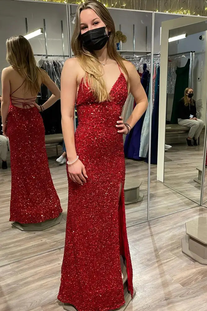 Red Sequined V-Neck Sleeveless Mermaid Prom Dresses with Slit