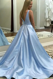 Light Blue V-Neck A-Line Satin Formal Prom Dresses with Pockets