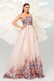 Charming A-Line Strapless Floral Evening Dresses with Sweep Train