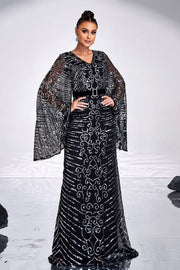 Black Sequined Long Sleeves Column Evening Dresses with Sash