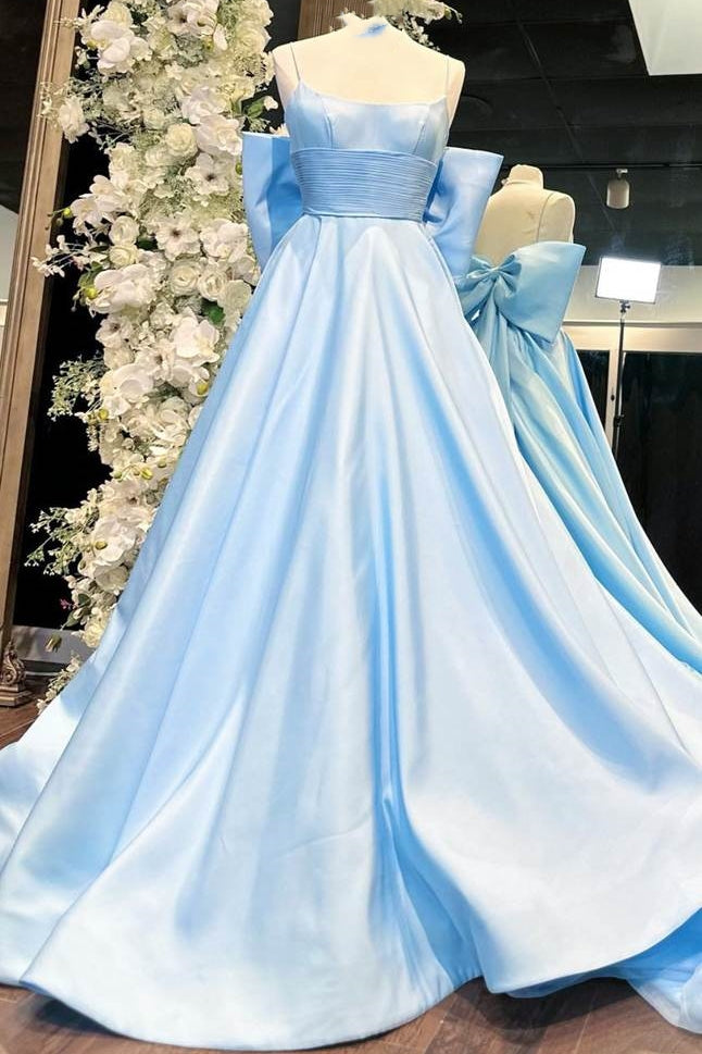 Sky Blue Spaghetti Straps A-Line Long Satin Party Dresses with Bow